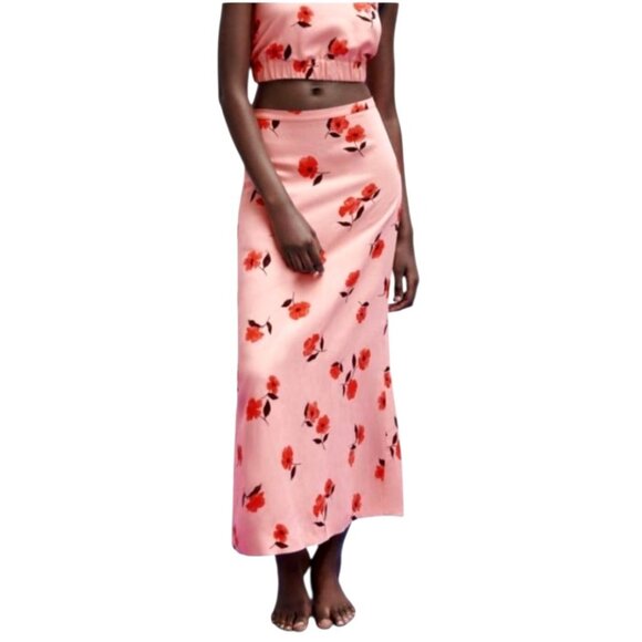 Zara‎ Skirt Women XS Pink Linen Blend Floral Print Maxi Boho Cottagecore Preppy - Picture 1 of 7